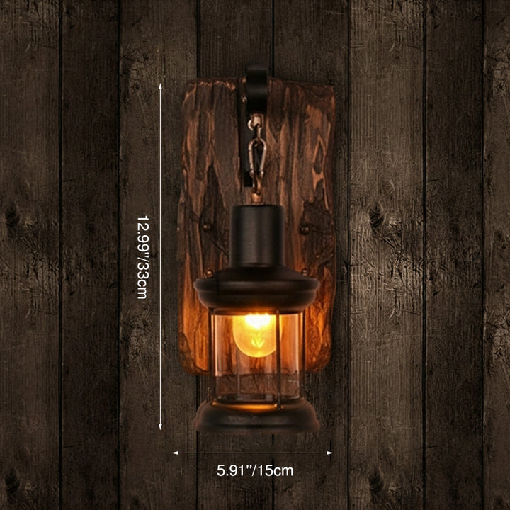 Traditional Rustic Cylinder Glass Iron Wooden Base 1-Light Wall Sconce Lamp For Living Room