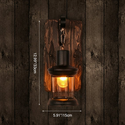 Glass Iron Wooden Base 1-Light Cylinder Sconce Lamp