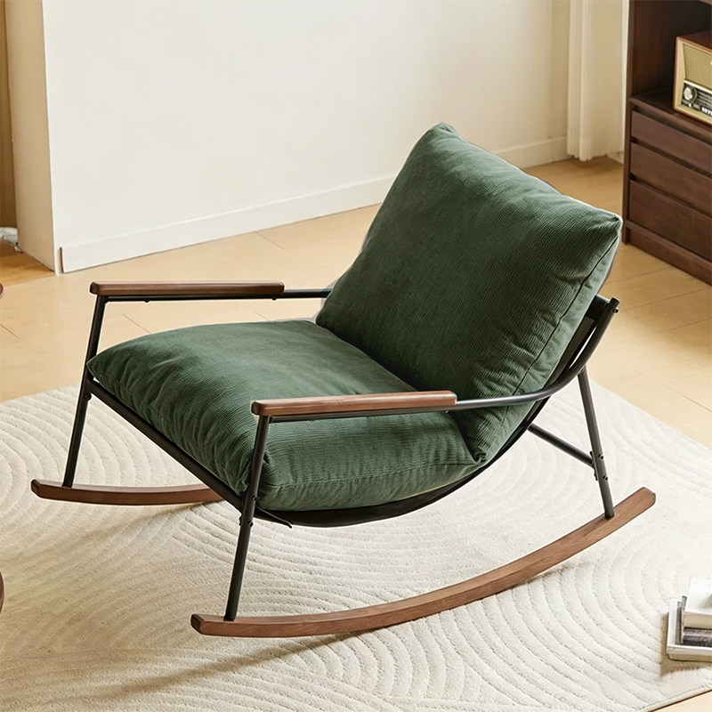 Contemporary Scandinavian Corduroy Metal Solid Wood Curved Square Rocking Chair With Backrest Armrests For Living Room