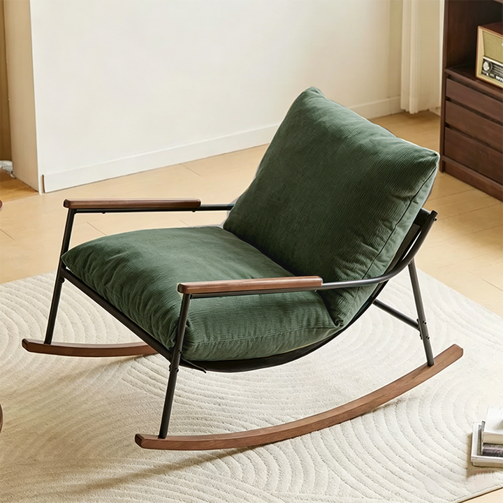 Contemporary Scandinavian Corduroy Metal Solid Wood Curved Square Rocking Chair With Backrest Armrests For Living Room