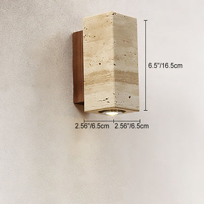 Japanischer Wabi-Sabi Runder Quadrat Gelber Travertin Gummi Holz 1-Licht Spotlight Wandleuchte 