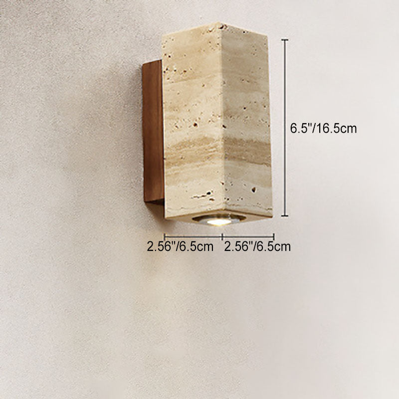 Japanischer Wabi-Sabi Runder Quadrat Gelber Travertin Gummi Holz 1-Licht Spotlight Wandleuchte 