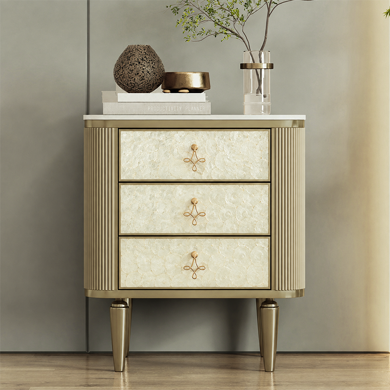 Modern Luxury Rectangular Sintered Stone Eco-board Birch Leg Nightstand 3-Drawer For Bedroom