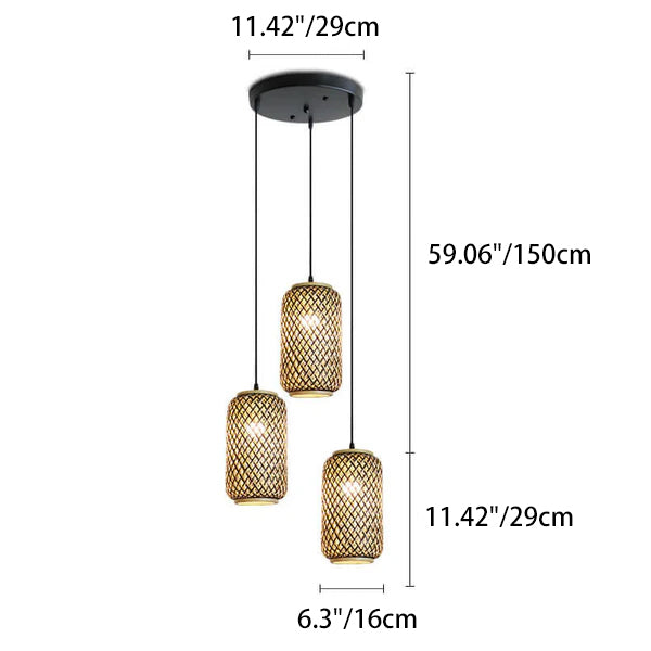 Lámpara colgante lineal de 3 luces con columna de bambú y hierro, estilo moderno minimalista, para comedor 