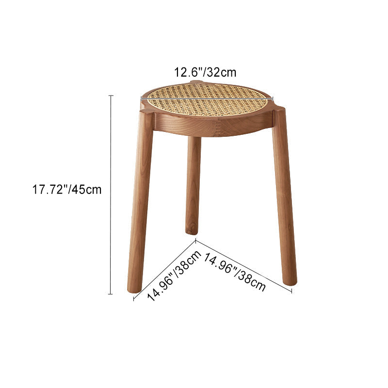 Traditional Japanese Round Rattan Weaving Ash Wood Frame Stackable Low Stool For Living Room