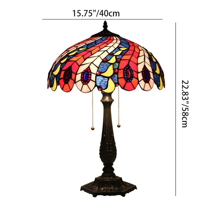 Traditional Tiffany Zinc Alloy Glass Peacock Tail Feather Pattern Design 1-Light Table Lamp For Living Room & Bedroom
