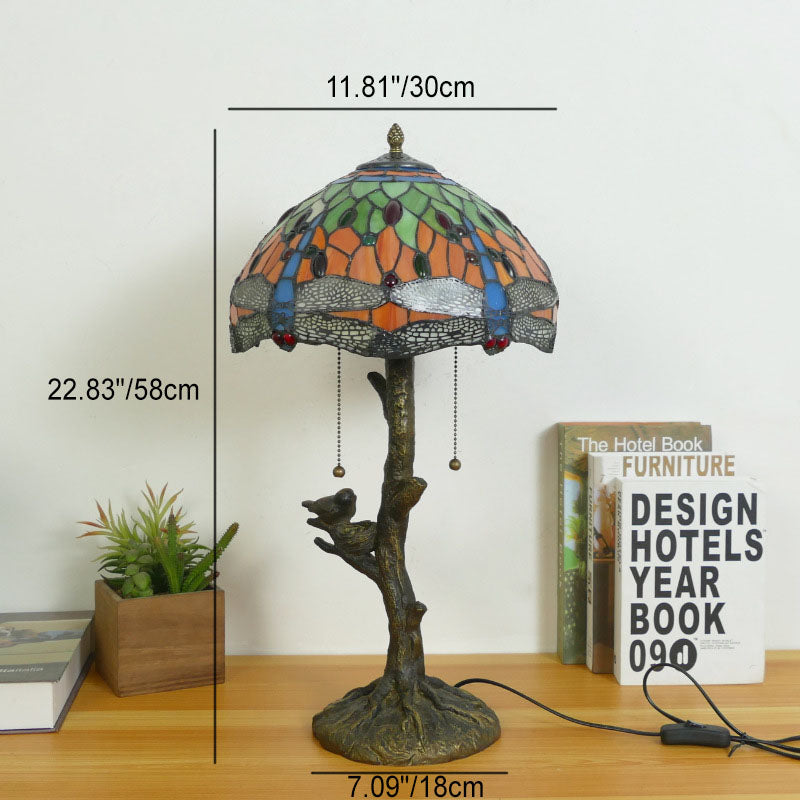 Traditional Tiffany Dragonfly Flower Stained Glass Bird Base 2-Light Table Lamp For Bedroom