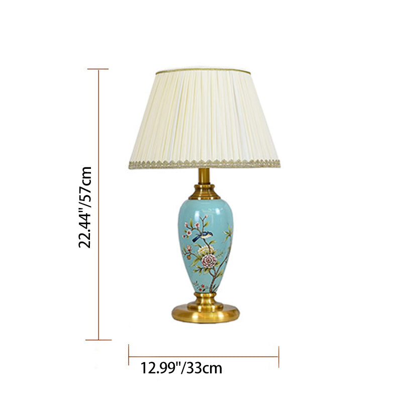 Lampe de table 1-lumière en tissu céramique métallique à motif floral et oiseau cylindrique chinois traditionnel pour chambre 