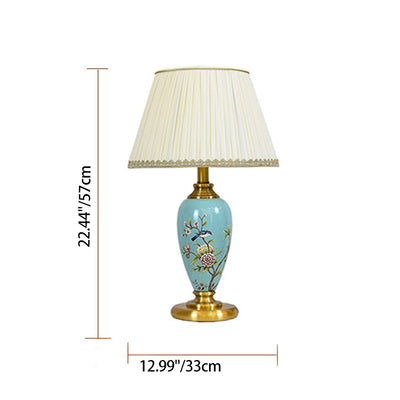 Traditional Chinese Cylindrical Floral And Bird Pattern Metal Ceramic Fabric 1-Light Table Lamp For Bedroom