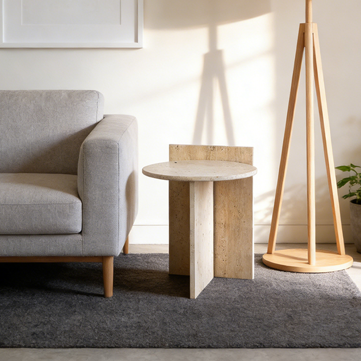 Modern Minimalist Yellow Travertine Round Side Table Sculptural Stone End Table For Living Room & Bedroom