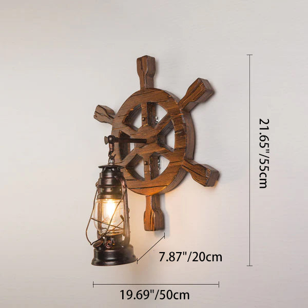 Aplique de pared contemporáneo industrial de madera de pino y vidrio con forma de timón de barco y lámpara de queroseno de 1 luz para salón y dormitorio 