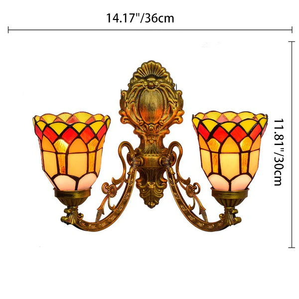Traditionelle Tiffany-Wandleuchte mit Schirm aus Buntglas im Gitterdesign, Eisen und Harz, 2-flammig, für Wohnzimmer &amp; Schlafzimmer 