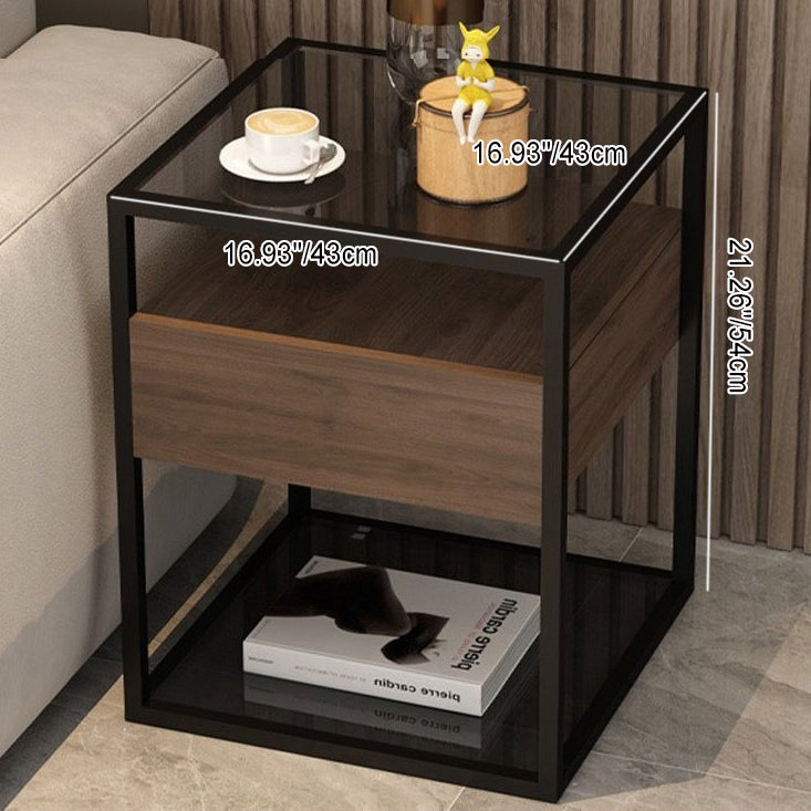 Table de chevet contemporaine scandinave carrée en verre, bois massif, fer et dalle de roche avec 1 tiroir pour chambre 