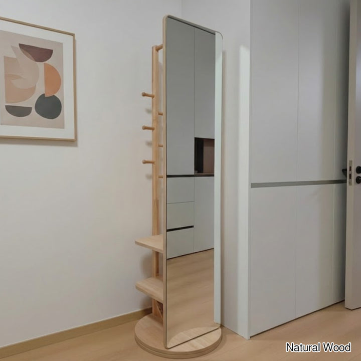 Modern Minimalist Rectangular Solid Wood Rotatable Movable Hall Tree With Mirror &amp; 3-Tier Storage For Bedroom &amp; Entryways