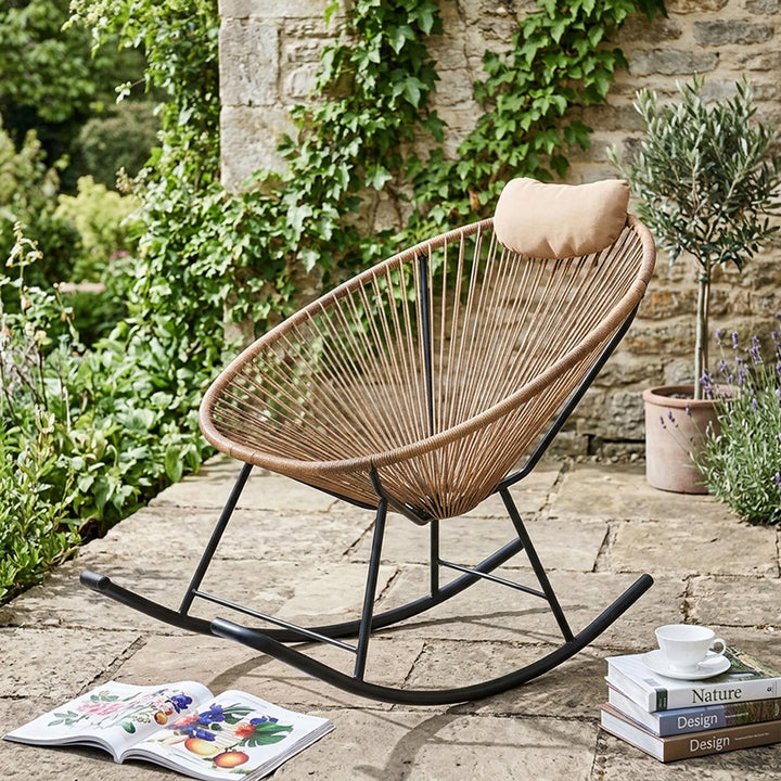 Traditional Vintage Oval Iron PE Rattan Weaving Rocking Chair Backrest Armless For Living Room