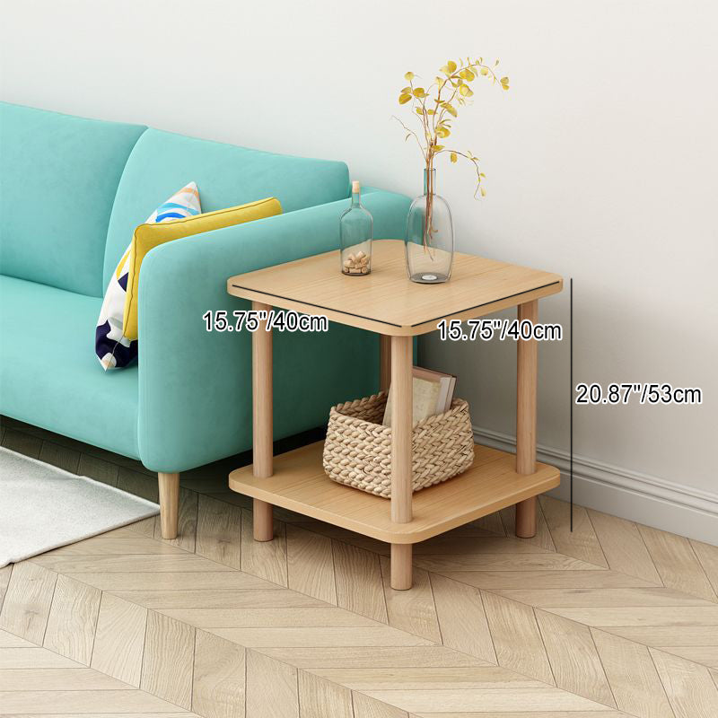 Traditional Japanese Square MDF Pine Wood End Table 2-Tier For Living Room