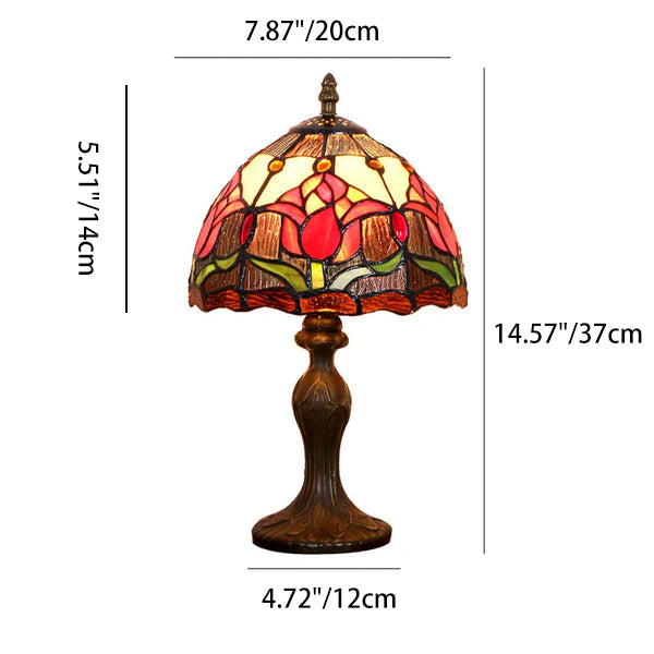 Lámpara de mesa redonda Tiffany tradicional de resina y vidrio con tulipán vitrificado de 1 luz para salón y dormitorio 