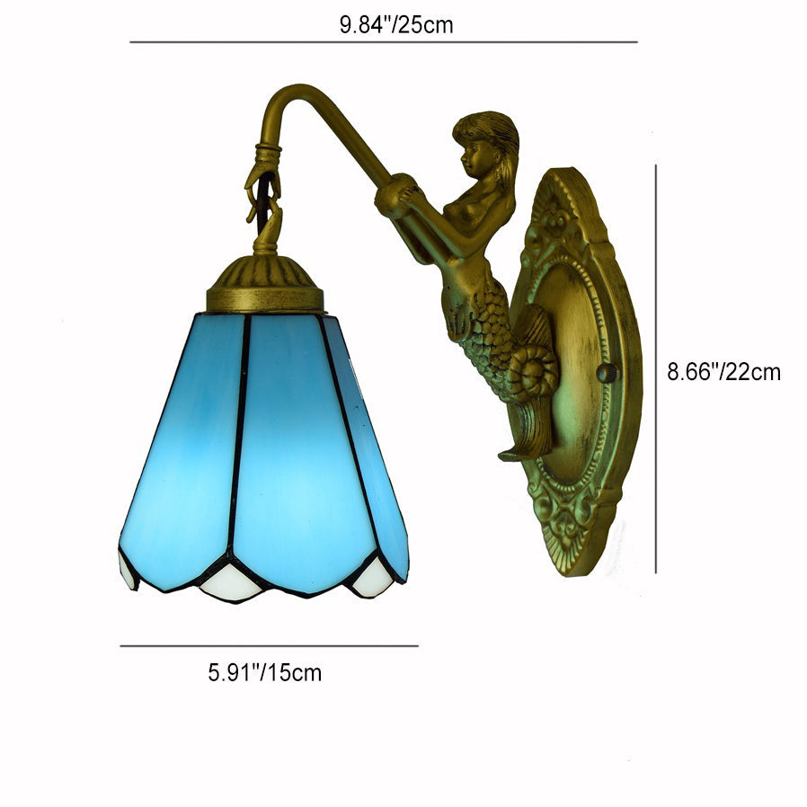 Lámpara de aplique de pared de vidrio teñido con hardware tradicional Tiffany Cone de 1 luz para dormitorio 