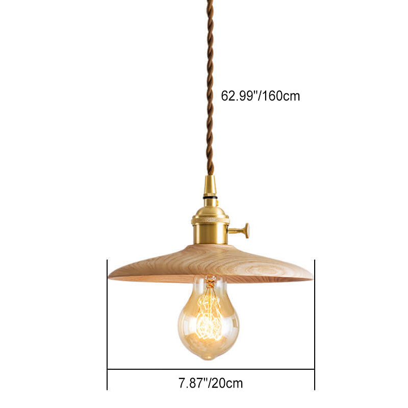 Contemporary Retro Ash Wood Copper Round Dish Irregular Grain 1-Light Pendant Light For Dining Room
