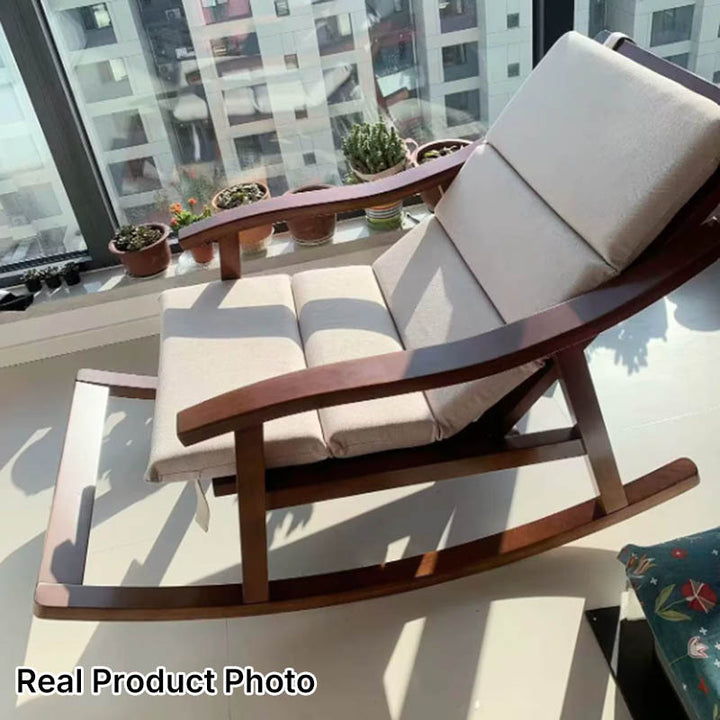 Modern Minimalist Walnut Wood Rubberwood Linen Ergonomic Backrest Rocking Chair With Armrests For Living Room And Bedroom