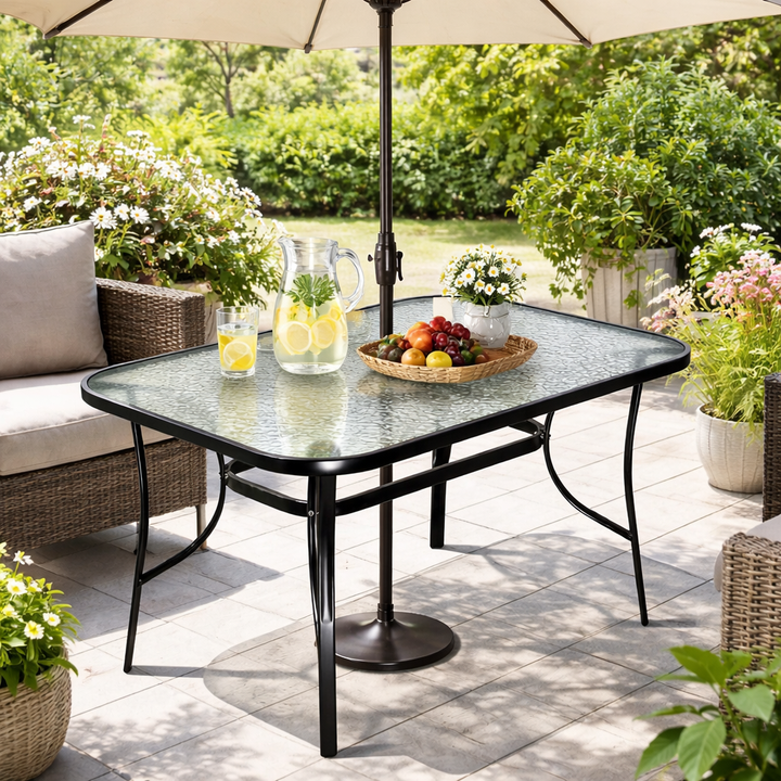 Modern Minimalist Tempered Glass Iron Ripple Top Round Coffee Table With Umbrella Hole For Outdoor Patio