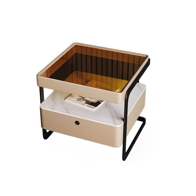 Table de nuit contemporaine nordique rectangulaire en verre renforcé, cuir, dalle de fer et bois avec 1 tiroir pour chambre 
