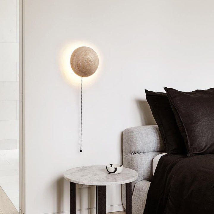 مصباح حائطي LED دائري ياباني تقليدي من الترافرتين الأصفر بأسلوب وابي-سابي للممر 