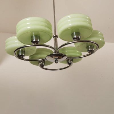 French Vintage Green Cream Glass Round Chrome Circle 6-Light Chandelier