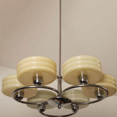 French Vintage Green Cream Glass Round Chrome Circle 6-Light Chandelier