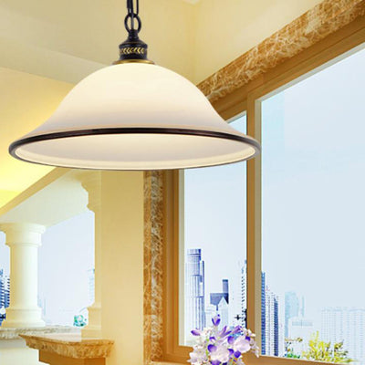 Vintage European Frosted Glass Cone 1-Light Pendant Light