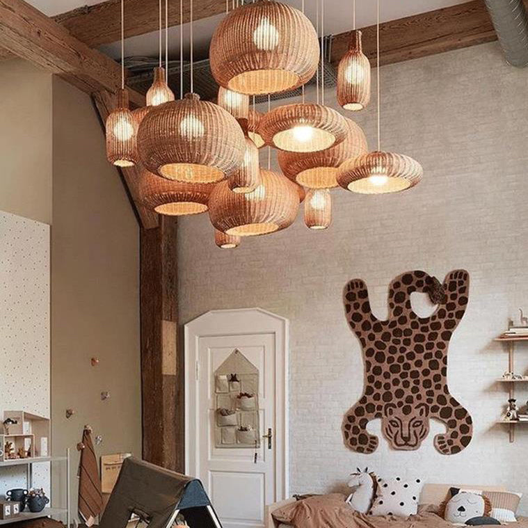 Japanese Vintage Rattan Weaving Round Oval Jar 1-Light Pendant Light
