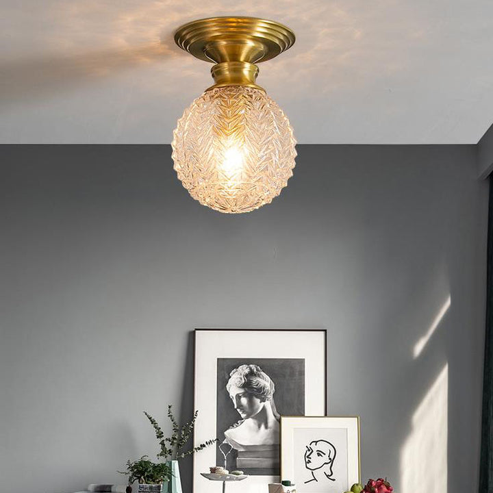 Nordisches Licht Luxus Vollkupfer Glasschirm 1-Licht Halb bündige Deckenleuchte 