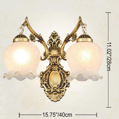 Aplique de pared de lujo ligero europeo de cobre completo con pantalla de flores 1/2 luces 