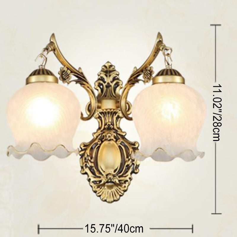 Aplique de pared de lujo ligero europeo de cobre completo con pantalla de flores 1/2 luces 