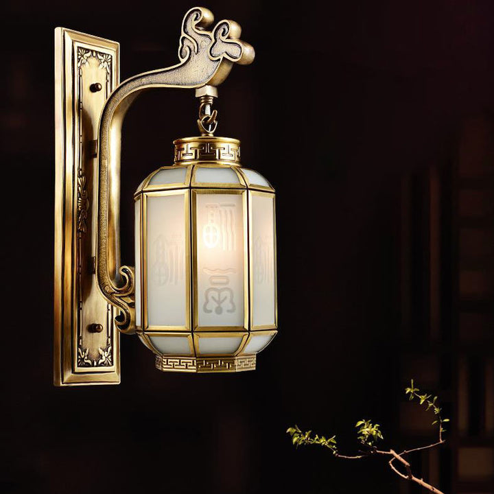 Chinesische Retro Vollkupfer Laterne Mattglas Schirm 1-Licht Wandleuchte 