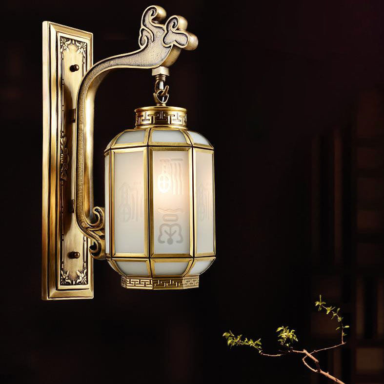 Chinese Retro Full Copper Lantern Frosted Glass Shade 1-Light Wall Sconce Lamp