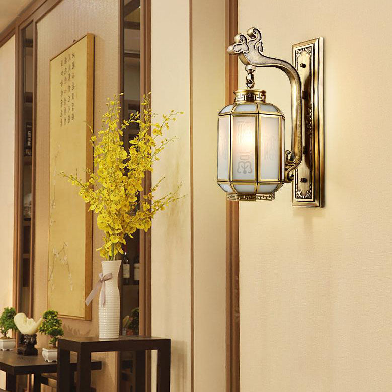 Chinesische Retro Vollkupfer Laterne Mattglas Schirm 1-Licht Wandleuchte 