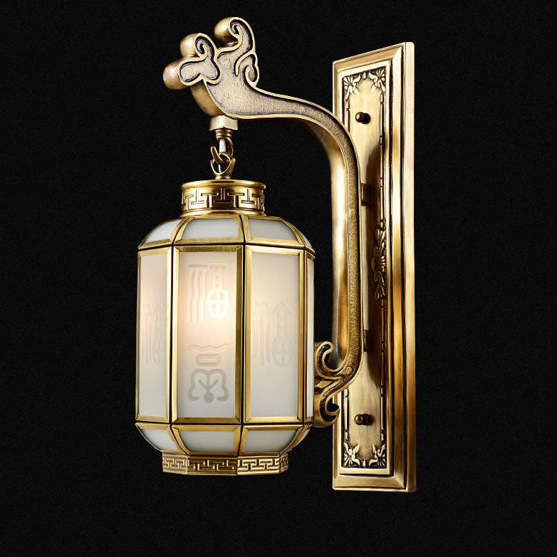 Chinesische Retro Vollkupfer Laterne Mattglas Schirm 1-Licht Wandleuchte 