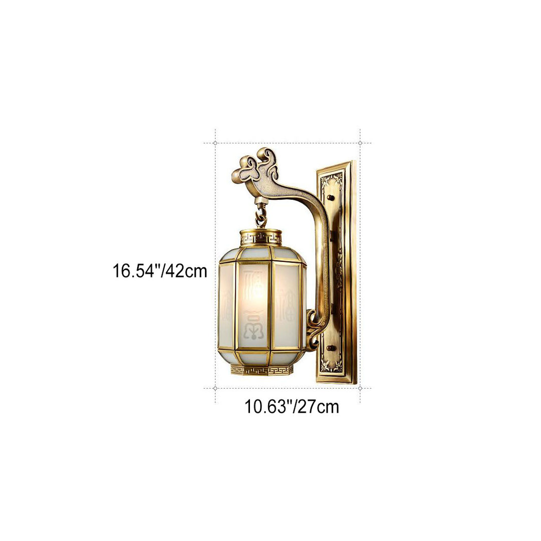Chinesische Retro Vollkupfer Laterne Mattglas Schirm 1-Licht Wandleuchte 