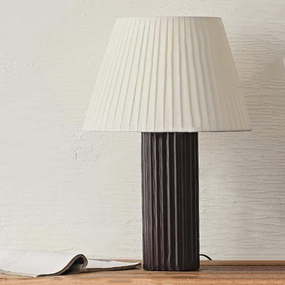 Japanese Retro Pleated Fabric Shade Column Wood Base 1-Light Table Lamp