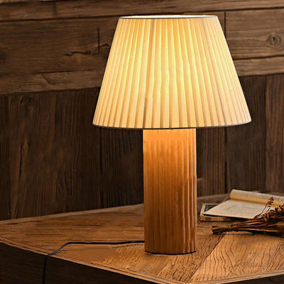 Japanese Retro Pleated Fabric Shade Column Wood Base 1-Light Table Lamp