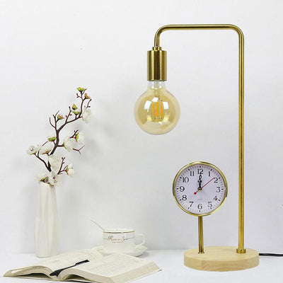 European Retro Clock Electroplated Iron Wooden Base 1-Light Table Lamp