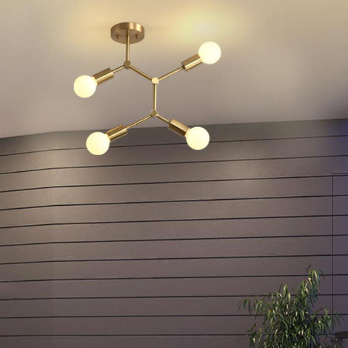 Contemporary Industrial Exposed Bulb Copper Branch 3/4 Light Semi-Flush Mount Ceiling Light For Living Room