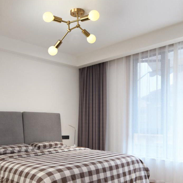 Contemporary Industrial Exposed Bulb Copper Branch 3/4 Light Semi-Flush Mount Ceiling Light For Living Room
