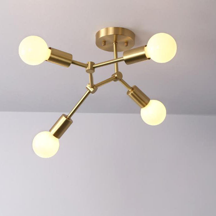 Contemporary Industrial Exposed Bulb Copper Branch 3/4 Light Semi-Flush Mount Ceiling Light For Living Room