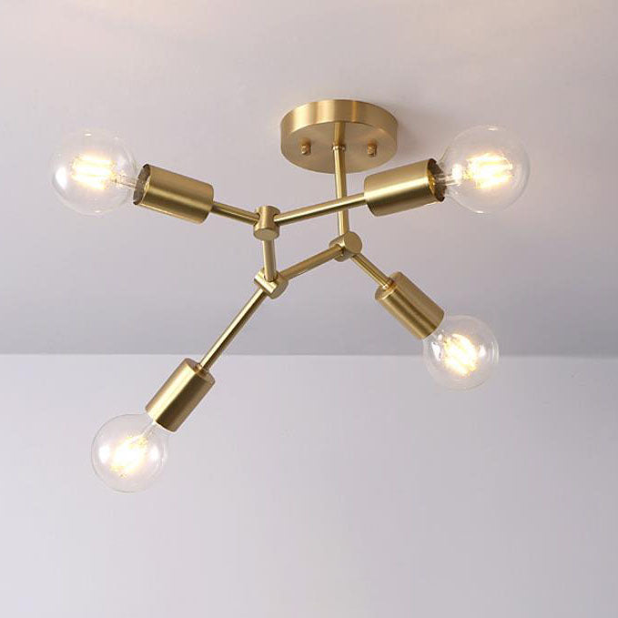 Contemporary Industrial Exposed Bulb Copper Branch 3/4 Light Semi-Flush Mount Ceiling Light For Living Room