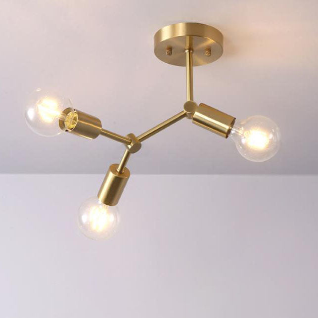 Contemporary Industrial Exposed Bulb Copper Branch 3/4 Light Semi-Flush Mount Ceiling Light For Living Room