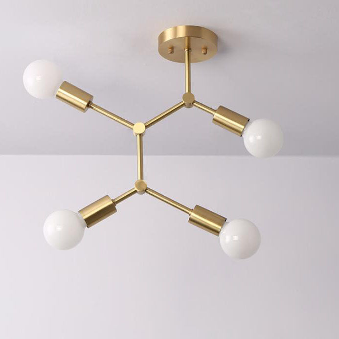 Contemporary Industrial Exposed Bulb Copper Branch 3/4 Light Semi-Flush Mount Ceiling Light For Living Room