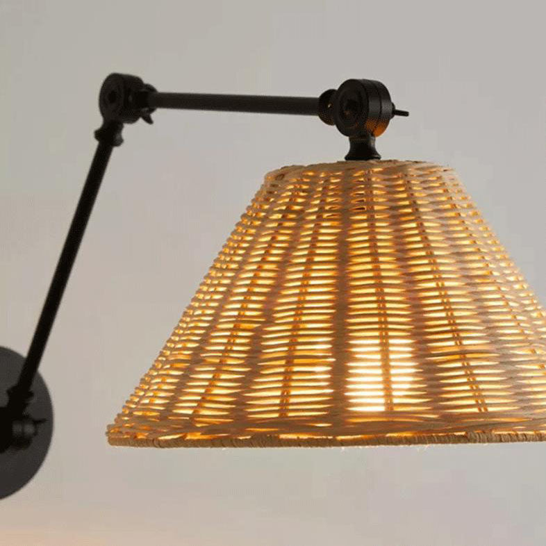 Traditional Rustic Rattan Cone Shade Iron Swing Arm 1-Light Wall Sconce Lamp For Living Room