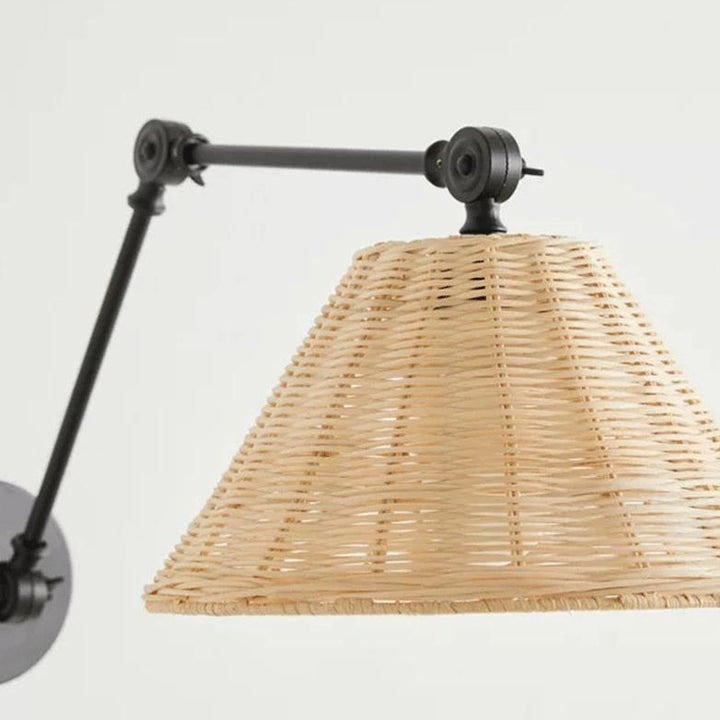 Traditional Rustic Rattan Cone Shade Iron Swing Arm 1-Light Wall Sconce Lamp For Living Room